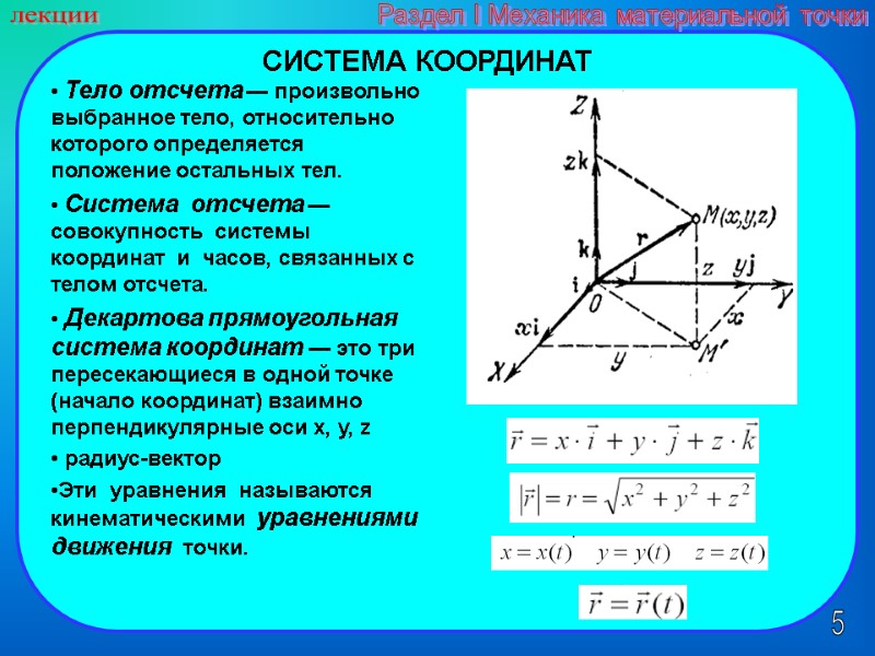 5 лекции Раздел I Механика материальной точки СИСТЕМА КООРДИНАТ  Тело отсчета — произвольно